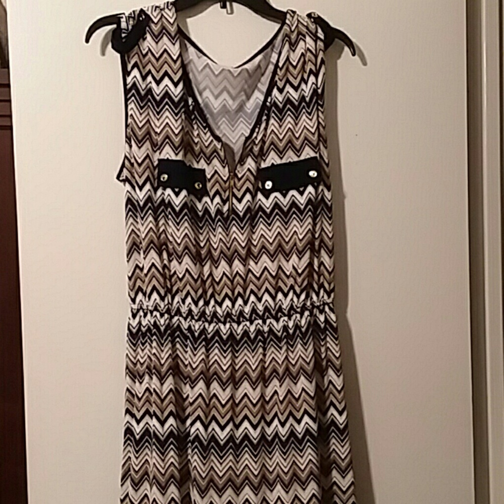 Navy, brown and cream print dress